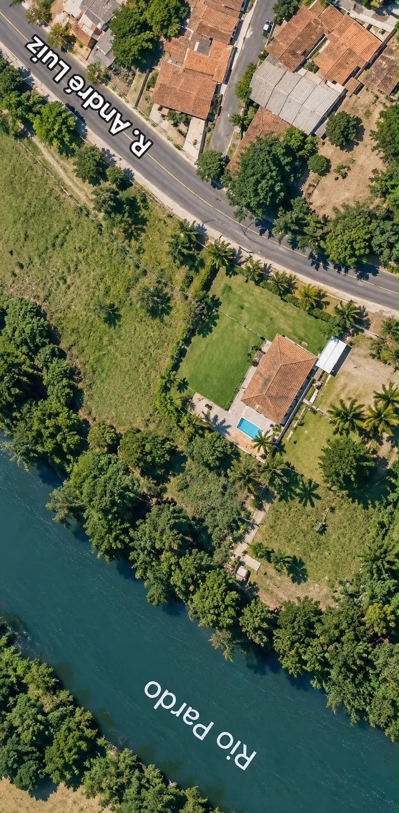 Vista aérea da Chácara Milalu, entre a cidade e o Rio Pardo
